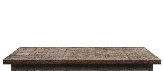 Empty wooden tabletop isolated on white background. For your product placement or montage with focus to the table top in the foreground. Empty dark wooden shelf. shelves