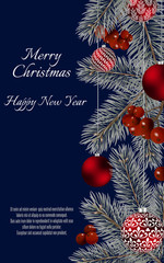 Christmas card with balls and fir branches with space for text. Vector Christmas design for greeting card, party invitation, holiday sales.