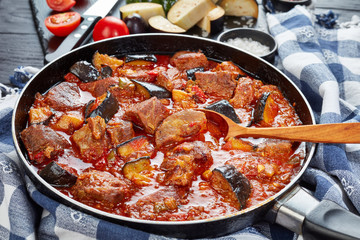 eggplant Beef Stew in a pan