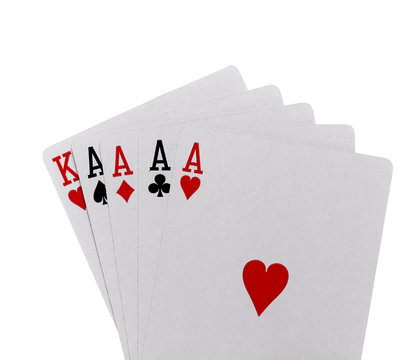 Four aces playing cards isolated on white background, close up and clipping path