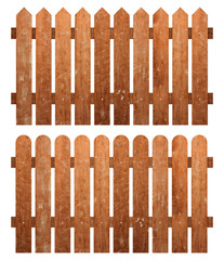 Collection of orange wooden fence or parallel plank old isolated on white background. Object with clipping path
