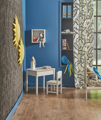 Children's bedroom in playroom with children's table and toys. Sun decor objects on the wall.