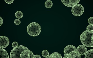Bitcoin economic financial bubble. Cryptocurrency 3D illustration. Business concept. Green bubbles on a dark background