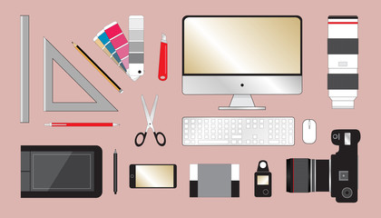 Desktop for graphic designers and graphic artists. Mock up. Vector illustration