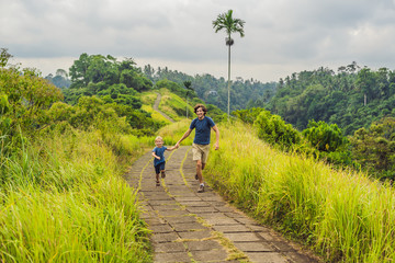 Obraz premium Dad and son tourists in Campuhan Ridge Walk , Scenic Green Valley in Ubud Bali. Traveling with children concept