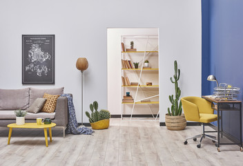 decorative living room modern home and yellow bookcase.
