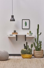 modern home decoration white shelf frame and lamp concept.