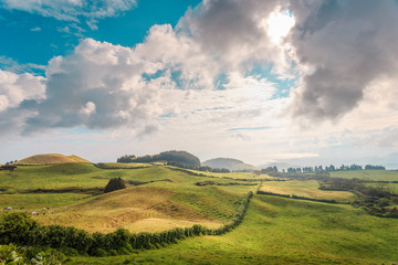 Wonderful hills and fields landscape in Sao Miguel, Azores Islands