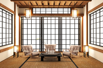 Japanese room interior in traditional and minimal .3D rendering