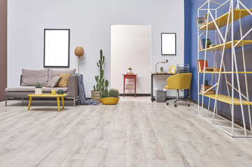 White and blue wall. This room has empty frame and suitable for carpets. 