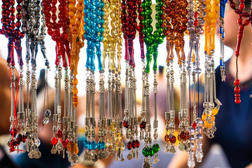 View of tesbih and beads hanging in a street shop, Istanbul, Turkey