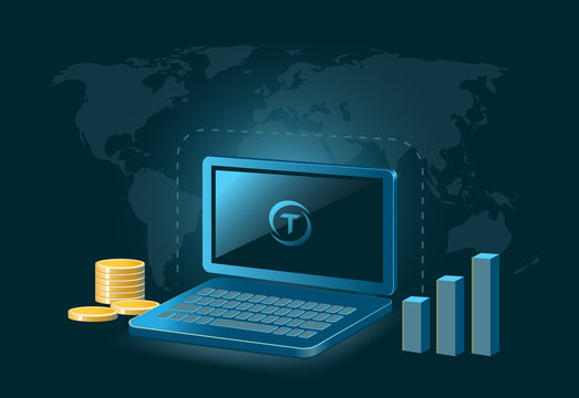 TrueUSD Cryptocurrency Coin Global Laptop Trade Background 