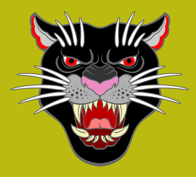 Image of a black panther, with a grinning mouth. Drawing in the style of Old School tattoo