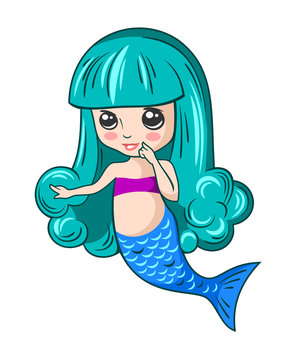 cute little mermaid girl with lush blue hair, children's print