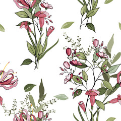  Hand drawn. Vector illustration. Trendy floral pattern. Isolated seamless pattern. Vintage background. Wallpaper.