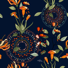 Blooming realistic isolated flowers. Hand drawn. Vector illustration. Retro Wild seamless flower pattern. Vintage background. Wallpaper.