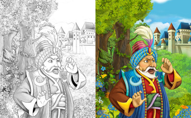 cartoon scene with prince or king near the majestic castle illustration for children 