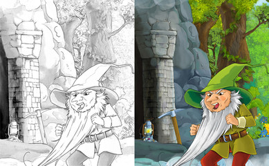 cartoon scene of some guard miner or dwarf near big and colorful castle looking after entrance ot the mine - with coloring page - illustration for children