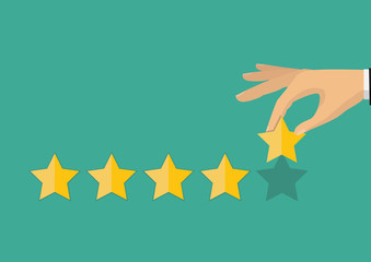 Hand pointing rating golden stars. Feedback, icon. Vector Illustration. Customer feedback concept.
