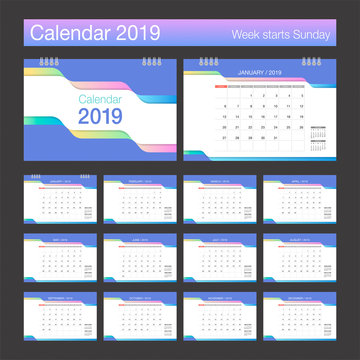 2019 Calendar. Desk Calendar trendy design template. Week starts Sunday.