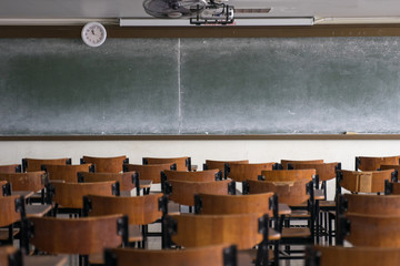 Empty classroom with many wooden chairs