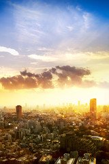 Fototapeta premium cityscape of tokyo city sunset skyline in Aerial view with skyscraper, modern business office building with yellow gold sky background in Tokyo metropolis city, Japan.