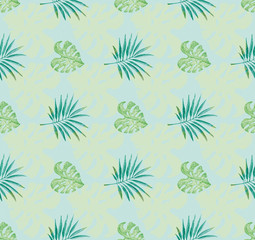 Tropical pattern with blue background and watercolor painted monstera leaves and palm