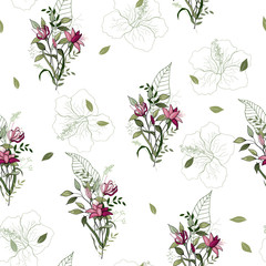 Vintage background. Wallpaper. Blooming realistic isolated flowers. Hand drawn. Vector illustration.Blossom floral seamless pattern.