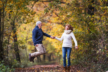 Naklejka na ściany i meble Senior couple in an autumn nature, holding hands and jumping.