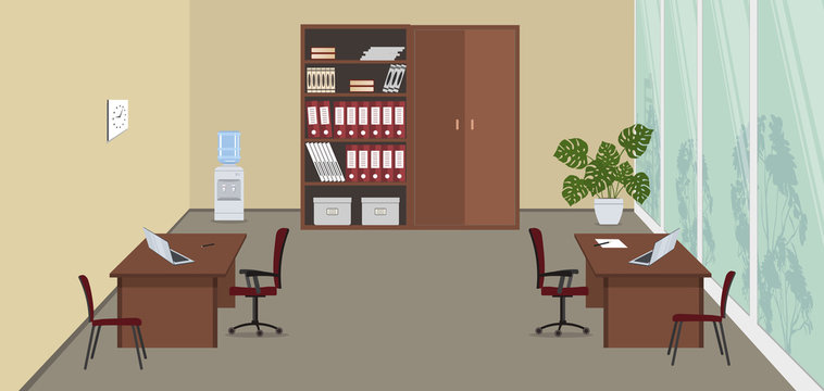 Beige office room with a large window. There are desks, red chairs, cabinets for documents, water cooler and a flower in the picture. Vector illustration.
