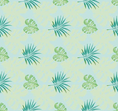 Tropical pattern with blue background and watercolor painted monstera leaves and palm