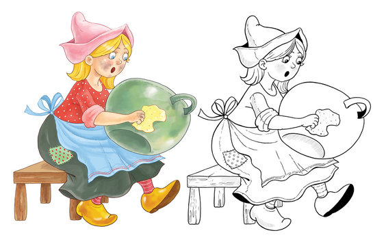 Cinderella. Fairy tale. Coloring page. Coloring book. Cute cartoon characters. Illustration for children