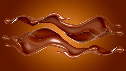 Beautiful, elegant splash of chocolate on a brown background. 3d illustration, 3d rendering.