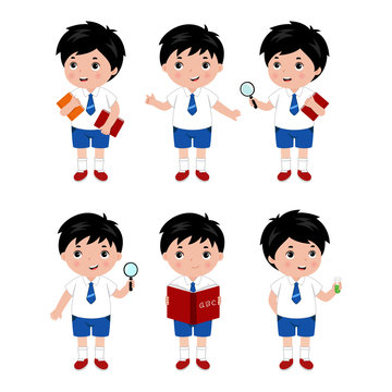 Collection of little boys in school uniform. Vector.