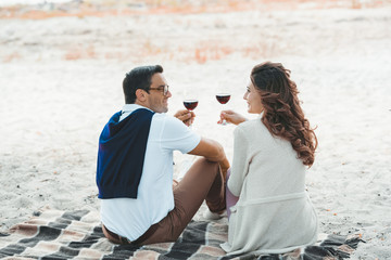 rear view of couple with glasses of red wine resting on blanket on sandy beach