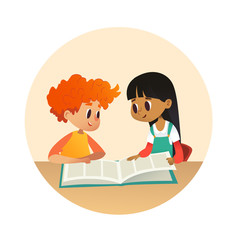 Boy and girl reading book and talking to each other at school library. School kids discussing story in round frames. Cartoon vector illustration for banner, poster.