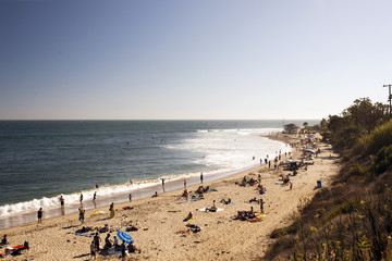Fototapeta na wymiar High angle view of Malibu beach and people in California in summer time