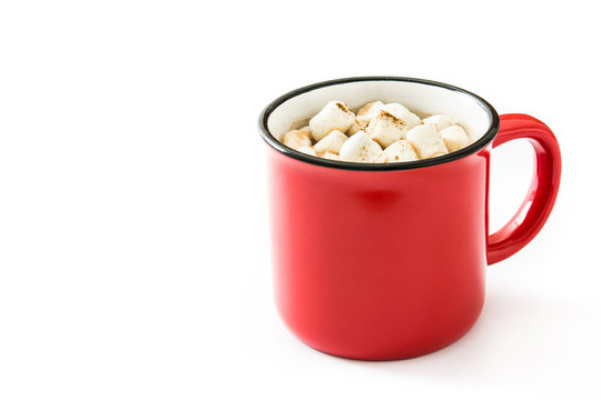 Christmas cocoa with marshmallow isolated on white background. Copyspace

