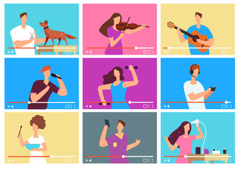Video tutorials. People bloggers on video screen. Social media marketing. Tuber vector characters set. Tutorial blogger, blog online, web vlog illustration