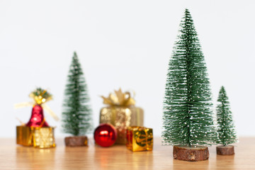 Christmas decoration object on wood table with white background. Christmas holiday celebration and new year concept. copy space