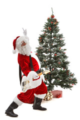 Dancing Santa Claus with a Guitar, Near a Christmas Tree against a White Background