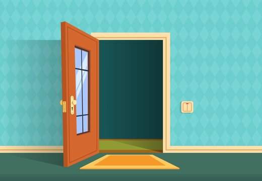 Cartoon open door. Apartment hallway entrance, office lobby. Home entry corridor vector background. Illustration of entrance and entry, exit door home