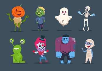 Halloween characters. Cute monsters and kids dressing in halloween costumes. Vector isolated set evil pumpkin, horror mummy and ghost illustration © MicroOne