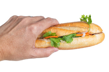 hand holding Banh Mi, Vietnamese sandwich filled with pork sausage,  barbeque pork and vegetables isolated on white background