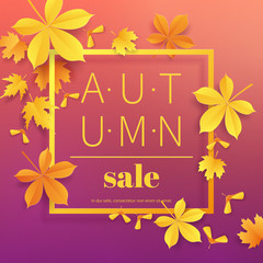 Autumn sale vintage typography poster with gold paper cut leaves on modern gradient backdrop.Seasonal sale flayer. Fall leaves 3d paper style background. Vector illustration.