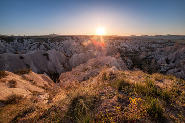 beautiful panoramic view of  Red Valley, Cappadocia, Turkey on sunset. natiral background