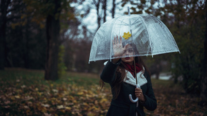 girl holding a transparent umbrella in an autumn park and looking at a fallen leaf. Concept: Autumn...