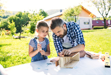 Father with a small daughter outside, making wooden birdhouse.