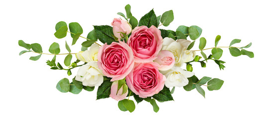 Horizontal arrangement with pink roses, freesia flowers and eucalyptus leaves - obrazy, fototapety, plakaty