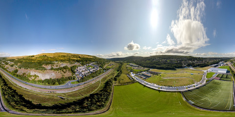 Aerial 360 degree panorama of the Welsh valleys town of Ebbw Vale in South Wales, United Kingdom